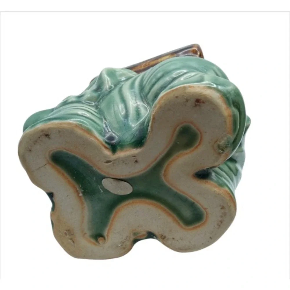 VTG Lucky Trunk Up Elephant Planter Cachepot Pair  Ceramic Green Brown MCM Decor